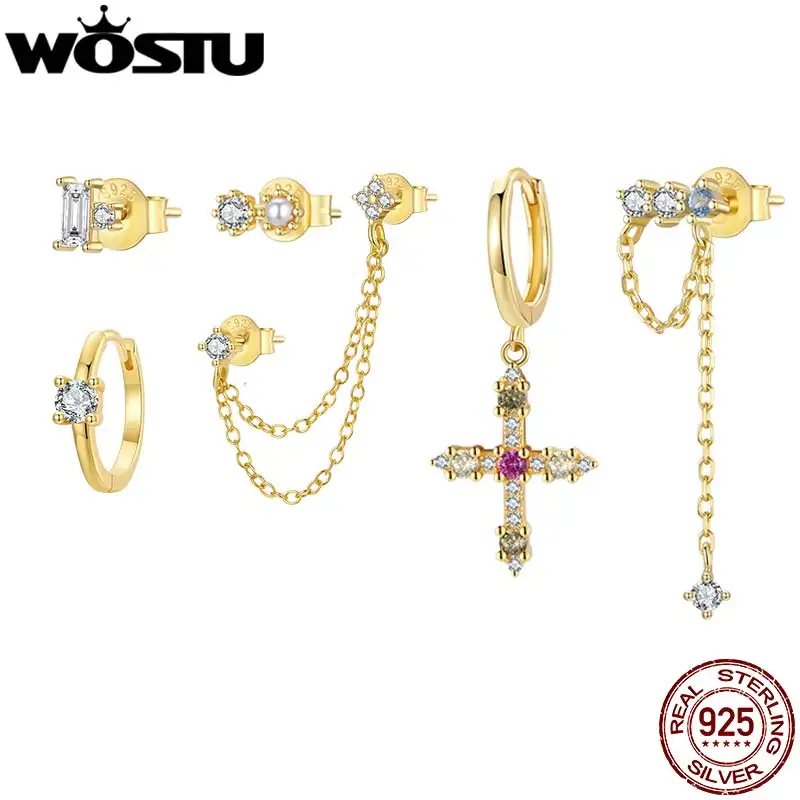 

WOSTU 1PC 925 Silver DIY Cross Tassel Stud Earring For Women AAA Zircon 18K Gold Link Pierced Ear Cuff Party Jewelry Punk Gift