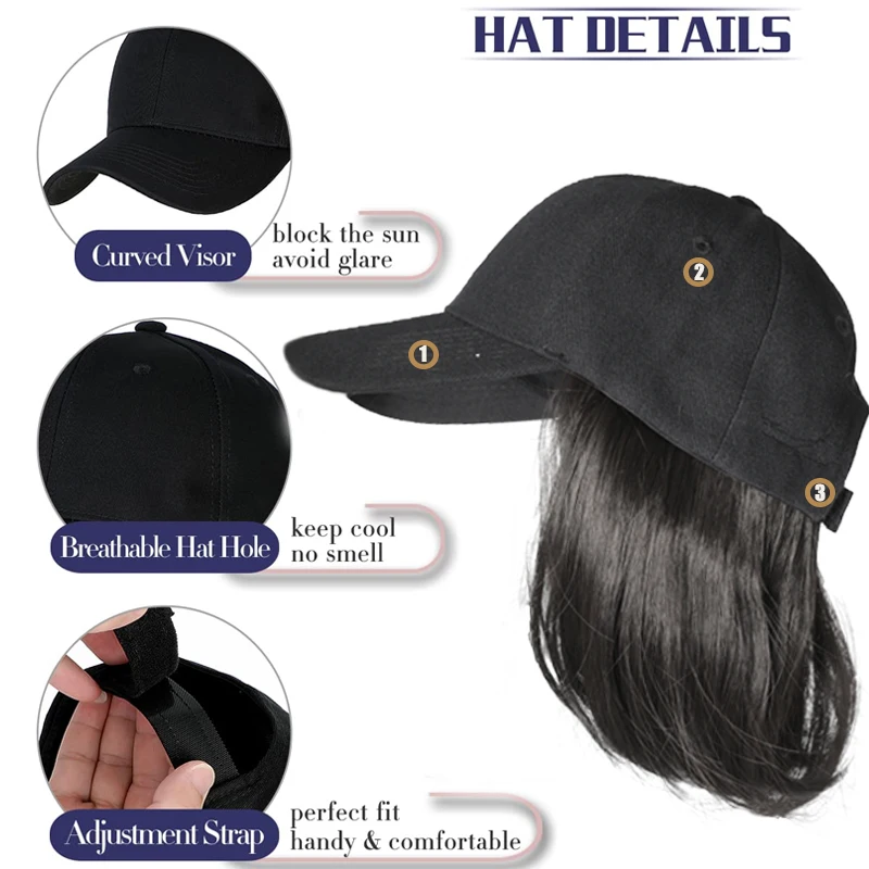 Peruca de chapéu LUPU de 6 polegadas com boné de beisebol – Peruca de chapéu ajustável feminina com peruca sintética fácil de combinar e usar