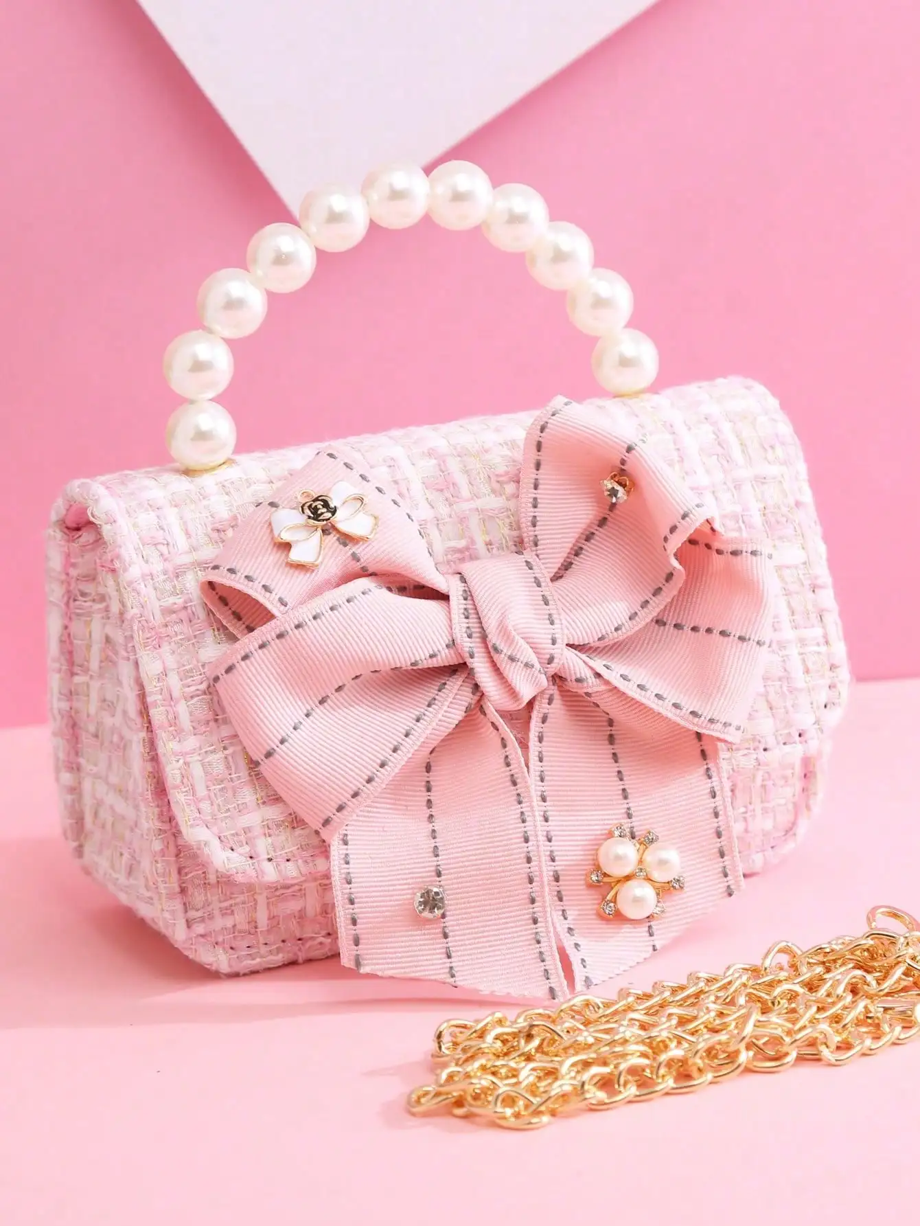 

Pink Tweed Mini Top-Handle Bag with Pearl Bow, Rhinestone Accents & Chain Strap