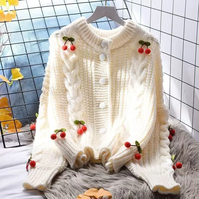 3d Cherry Sweet Cardigan Sweaters Women Casual Elegant Long Sleeve Korean Knitted Coat Fall Loose Fashion Design Female Top