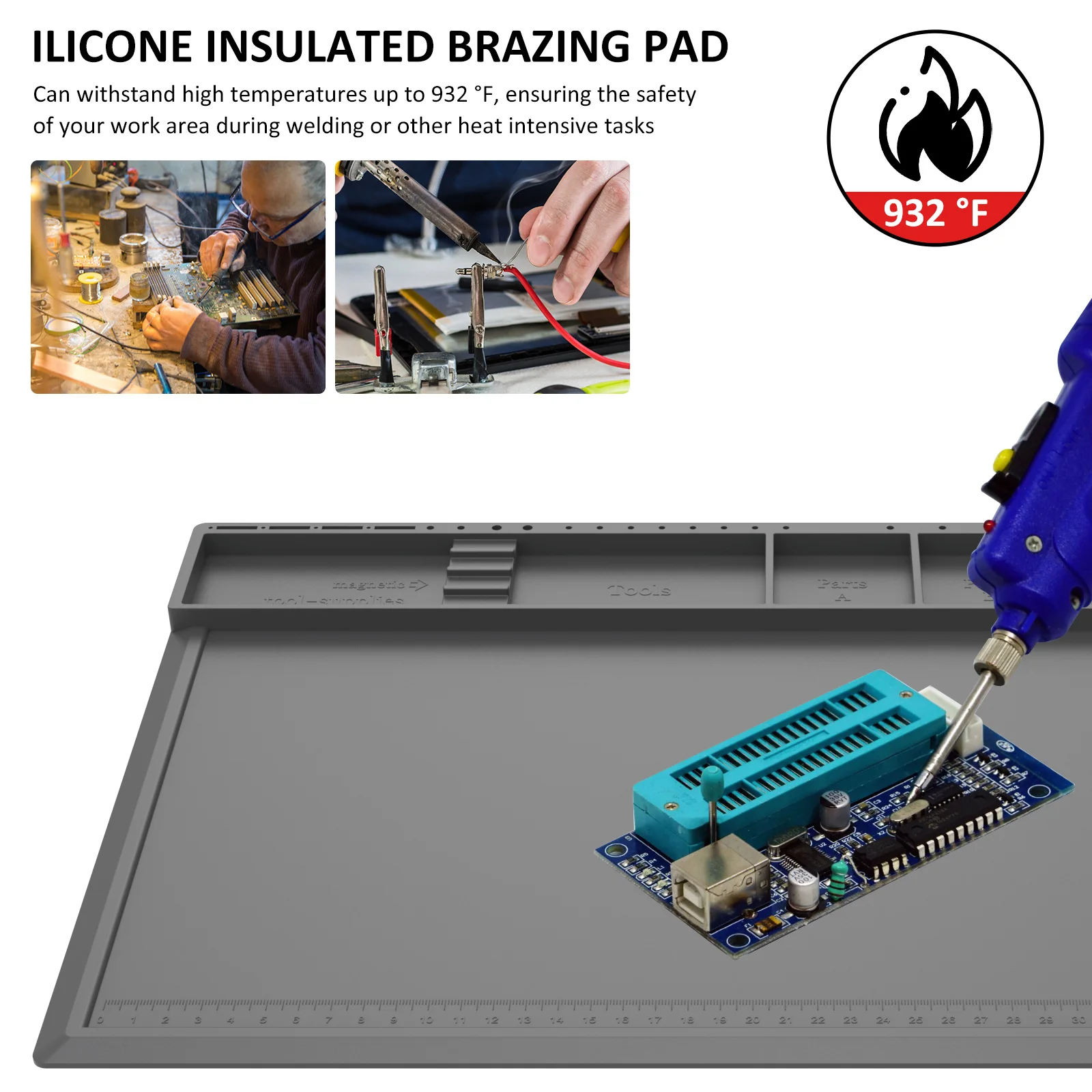 Imagem -04 - Esteira de Solda Resistente ao Calor do Silicone Reparo Impermeável Eletrônico Esteira do Trabalho com Área Magnética e da Peça 932 °f
