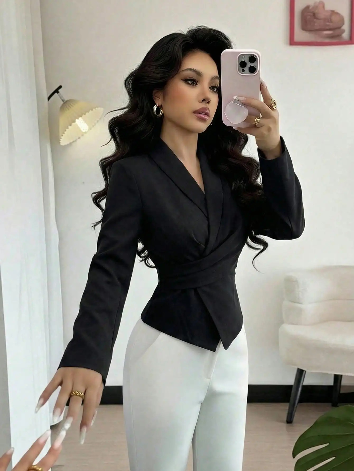 

Elenzga Women's Solid Color Tie Crossed Collar Long Sleeve Casual Commuter Outdoor Base Layer Blouse, Autumn/Winter/Spring