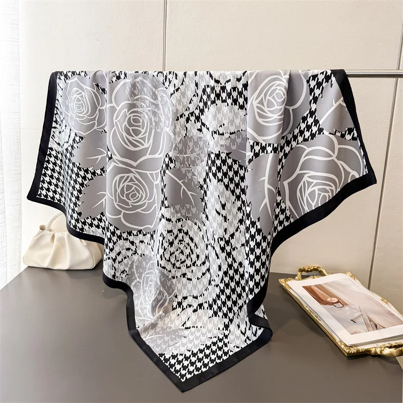 90*90cm Houndstooth Floral Cotton Square Scarf Women Silk Scarves Bandanas Luxury Beach Shawl Wraps Elegant Hijab Neckerchief
