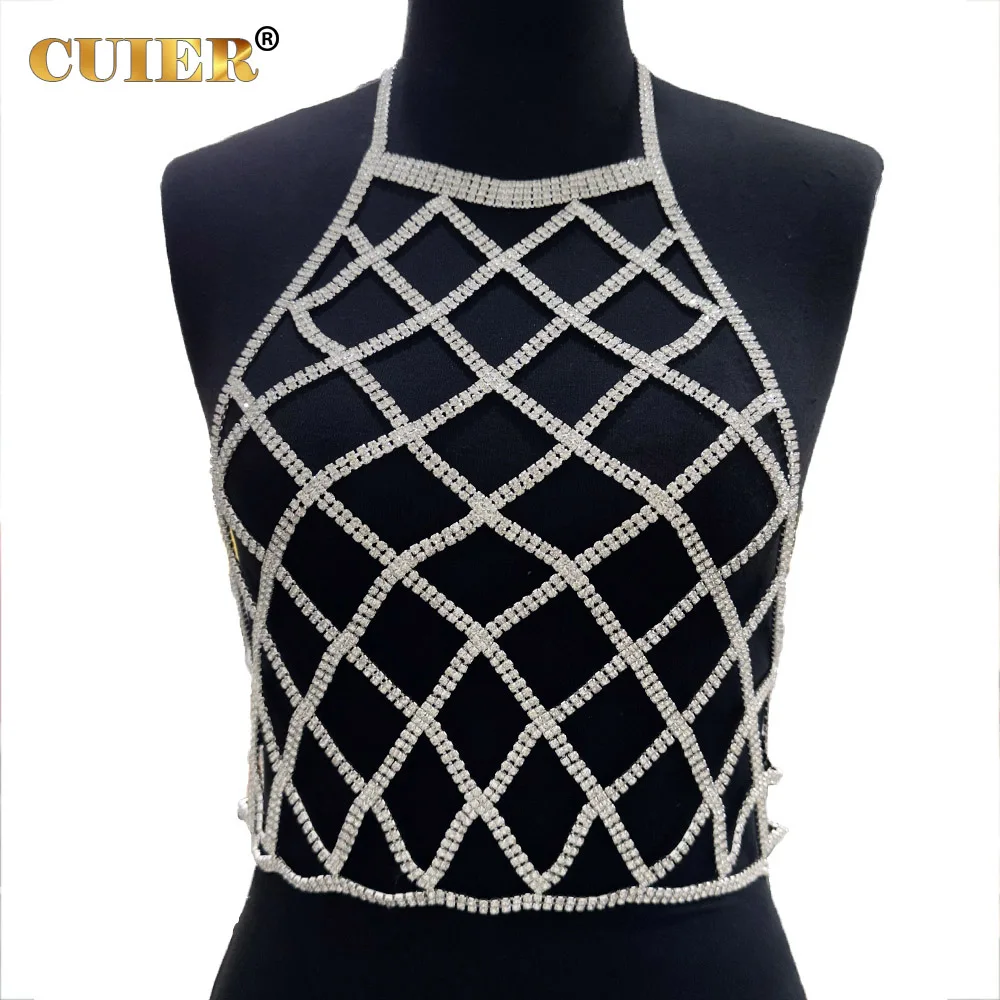 

CUIER Full Rhinestones Crystal Rhombic Interlocking Sexy Sling Tops for Women Body Chain Jewelry Party Nightclub Accessories