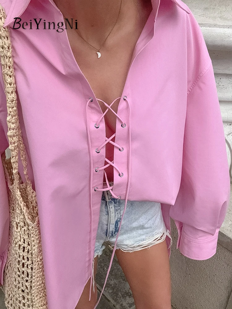 

Beiyingni 2025 Autumn Oversized Shirts Women Lace-up Chic Long Sleeve Tops Ladies Casual Pink New Style Commute Korean Blouses