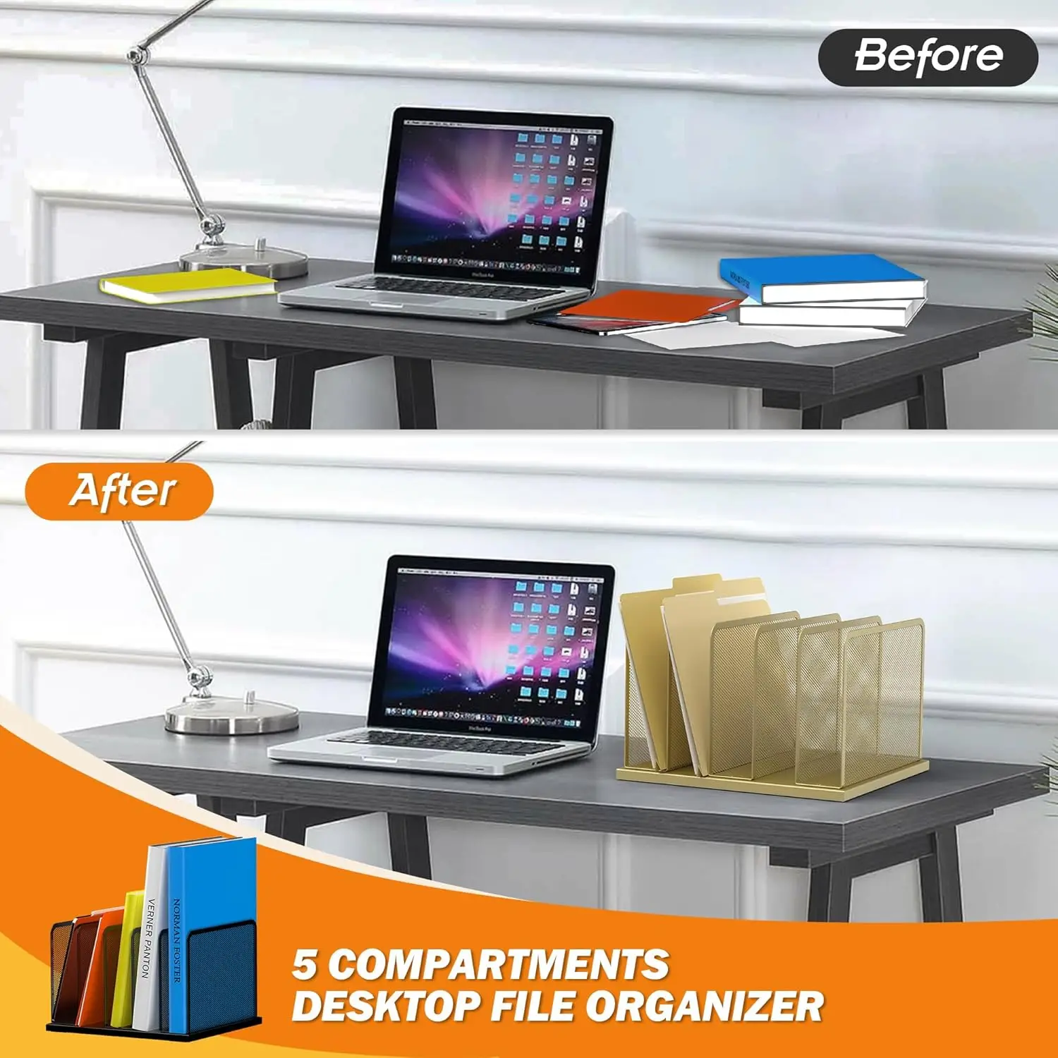 5-Section Mesh Desktop File Organizer with Steel Base for Office Home Classroom Gold