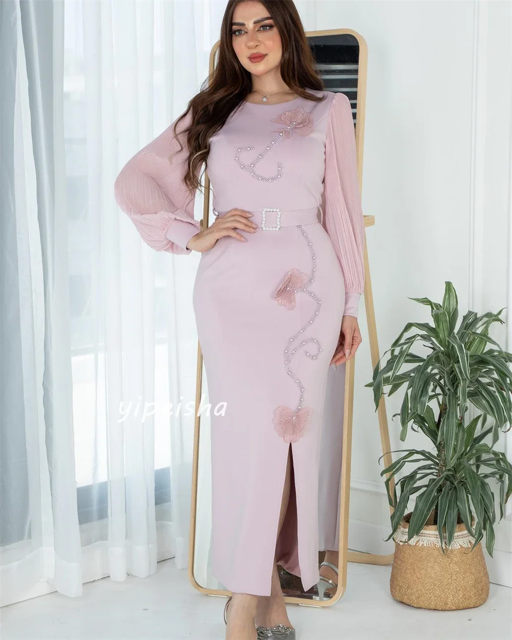 Customized Jersey Applique Beading Sash Cocktail Party A-line O-Neck Bespoke Occasion Gown Midi Dresses