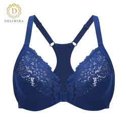 DELIMIRA Women's Plus Size Front Closure Bras Racerback Lace Full Coverage Underwire Unlined Support Bra