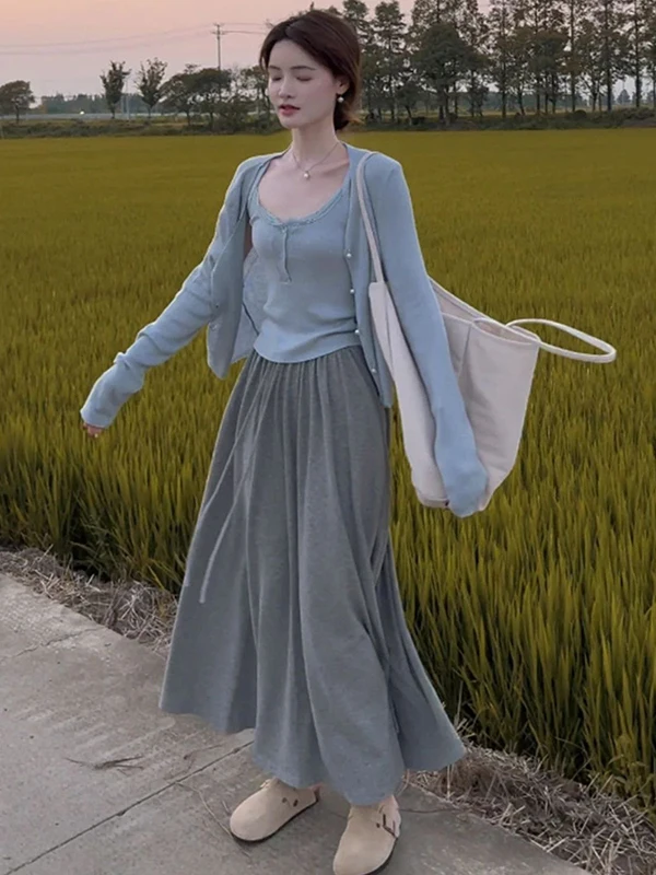 

plus Size 300 Pou Gentle Lady Sle Korean Loose Fit Long Sve Button up High Waist A-Line Skirt Tee Piece Set Autumn