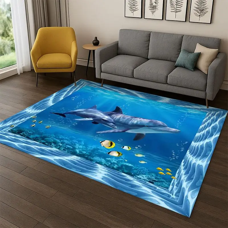 3D Illusion Underwater World Marine Life Shark Dolphin Cartoon Carpet Rug for Bedroom Living Room Sofa Doormat kids Non-slip