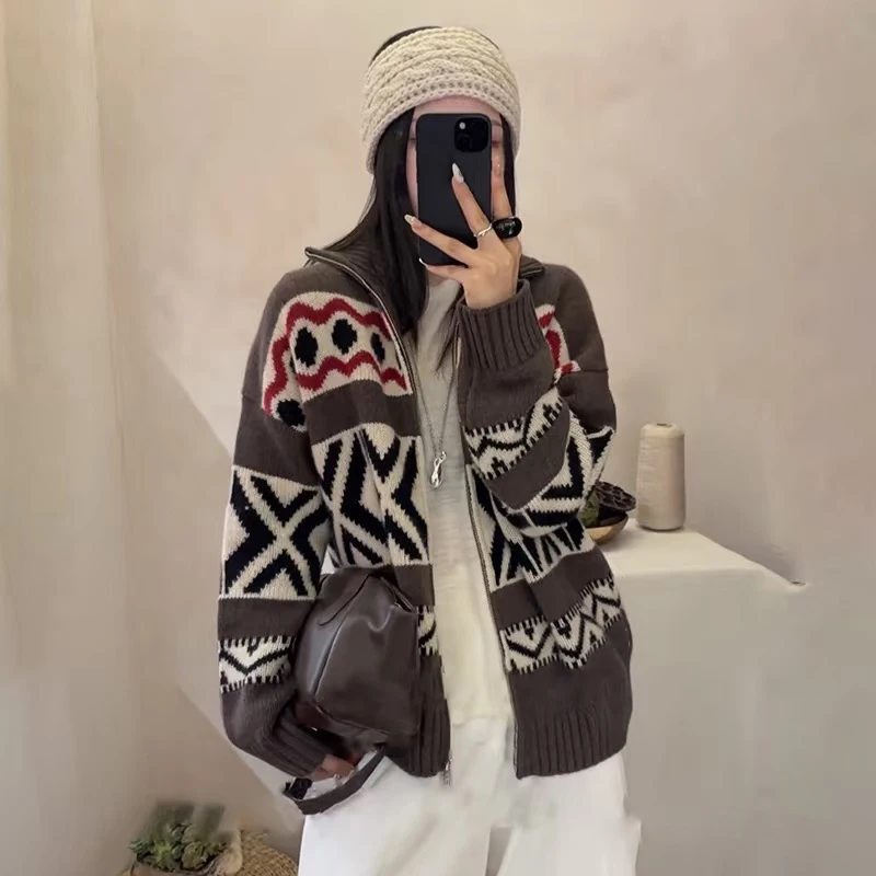 

Высококачественный женский свободный цветной повседневный толстый разноцветный свитер с двойной молнией из 100% чистого кашемира, пальто-кардиган