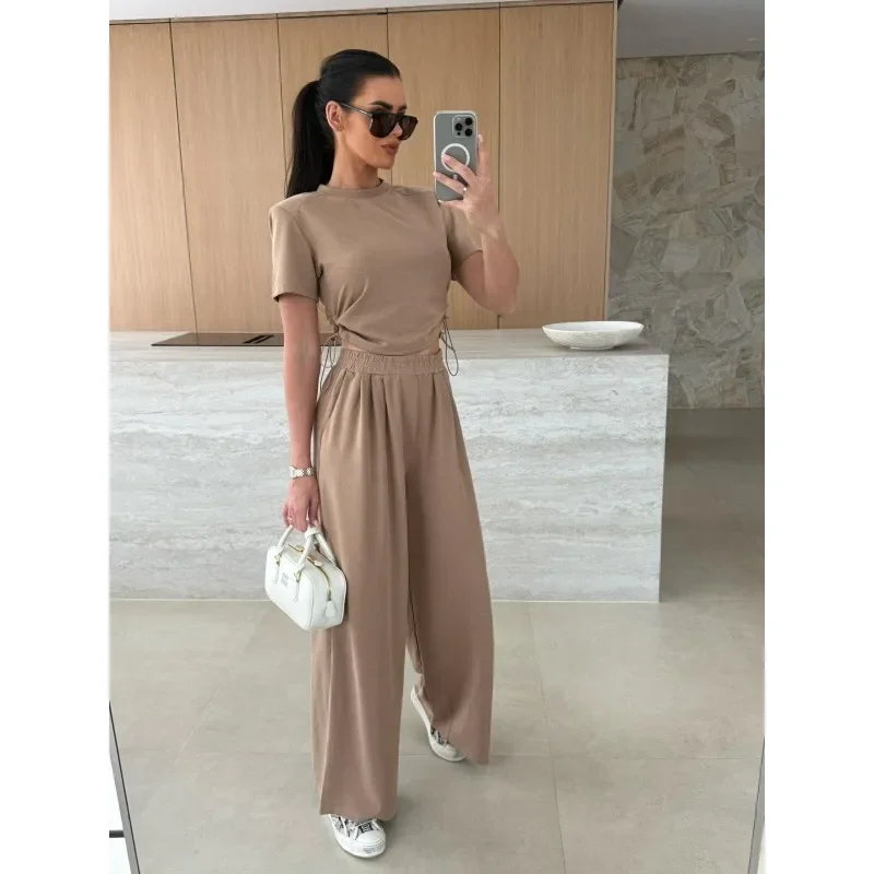 Plus Size Dames Casual Sport 2-delige sets Outfits Trekkoord T-shirt met korte mouwen + Effen losse rechte broekpak