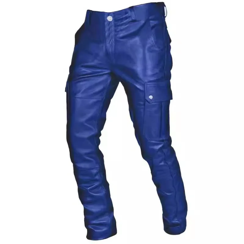 Nuevos pantalones sueltos de piel sintética para hombre, moda negra/roja/marrón, pantalones multibolsillos para motocicleta de ocio diario para hombre, talla grande 5XL