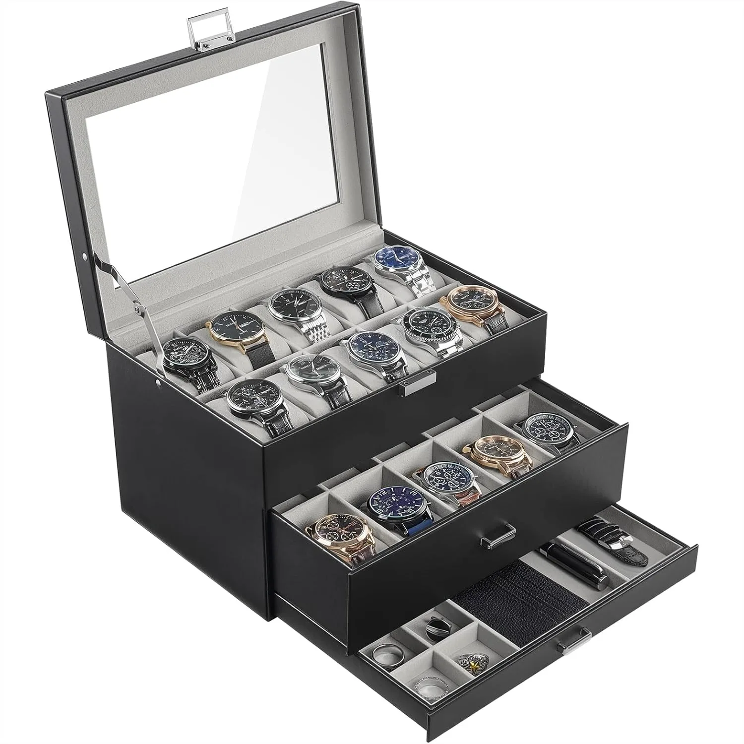 

Watch Box for Men 20 Slot, 3-Layer Display Case with Glass Lid and Drawer, Jewelry Storage Organizer for Watches Straps Rings -