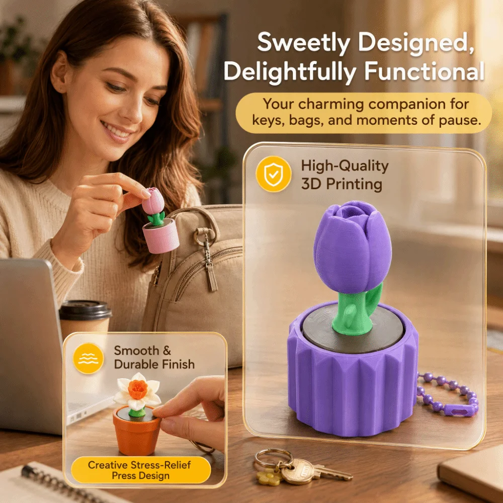 3D Printed Mini Potted Plants Clicker Keychain Funny Sensory Flower Finger Button Pendant Fidget Simulation