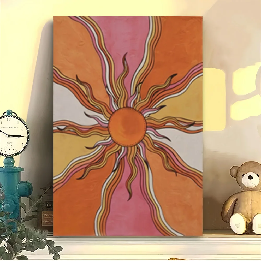 (No frame)2D Flat 2D Flat 1pc/Bold Sunburst Abstract Canvas Art/Retro Orange And Pink Swirls with Central Sun/Wall Decor for