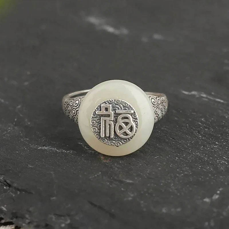 New Sterling Silver Fu Character Enamel porcelain Agate Peace Buckle Retro Charm Romantic Women Opening Adjustable Ring