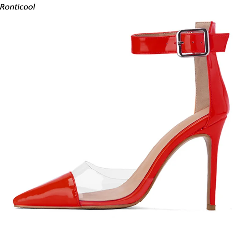 

Ronticool Женские глянцевые туфли-лодочки ручной работы с ремешком на щиколотке, туфли на высоком каблуке-шпильке с острым носком, 11 цветов, модельные туфли, женские размеры США, большие размеры 5-15