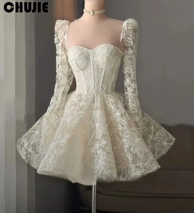 Customize Ivory Appliques Wedding Dress Elegant Long Sleeves Short A Line vestidos de novia Cocktail Party Gown Bridal Dress
