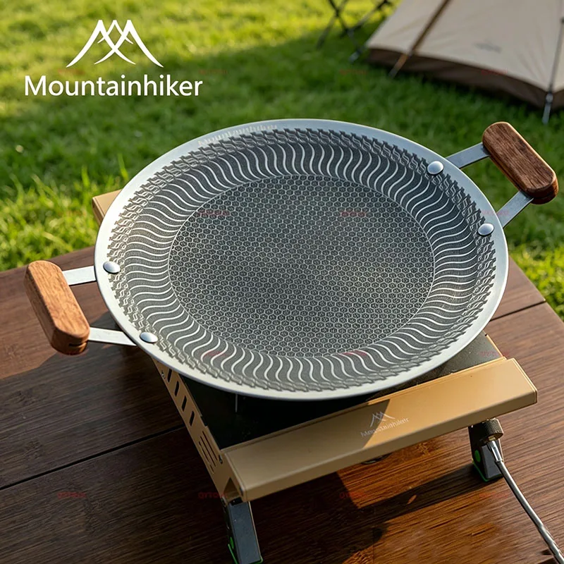 

Mountainhiker Non-Stick Stainless Steel BBQ Skillet Camping Grill Tray Outdoor Picnic Kitchen Baking Frying Pan Wooden Handle