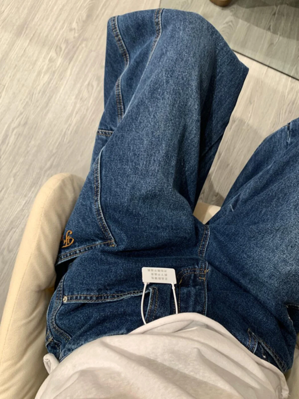 

Retro American Blue Knife Men's Denim Jeans Heavy Du Autumn Winter Wide Leg Long Trousers Patchwork Straight Leg Pants