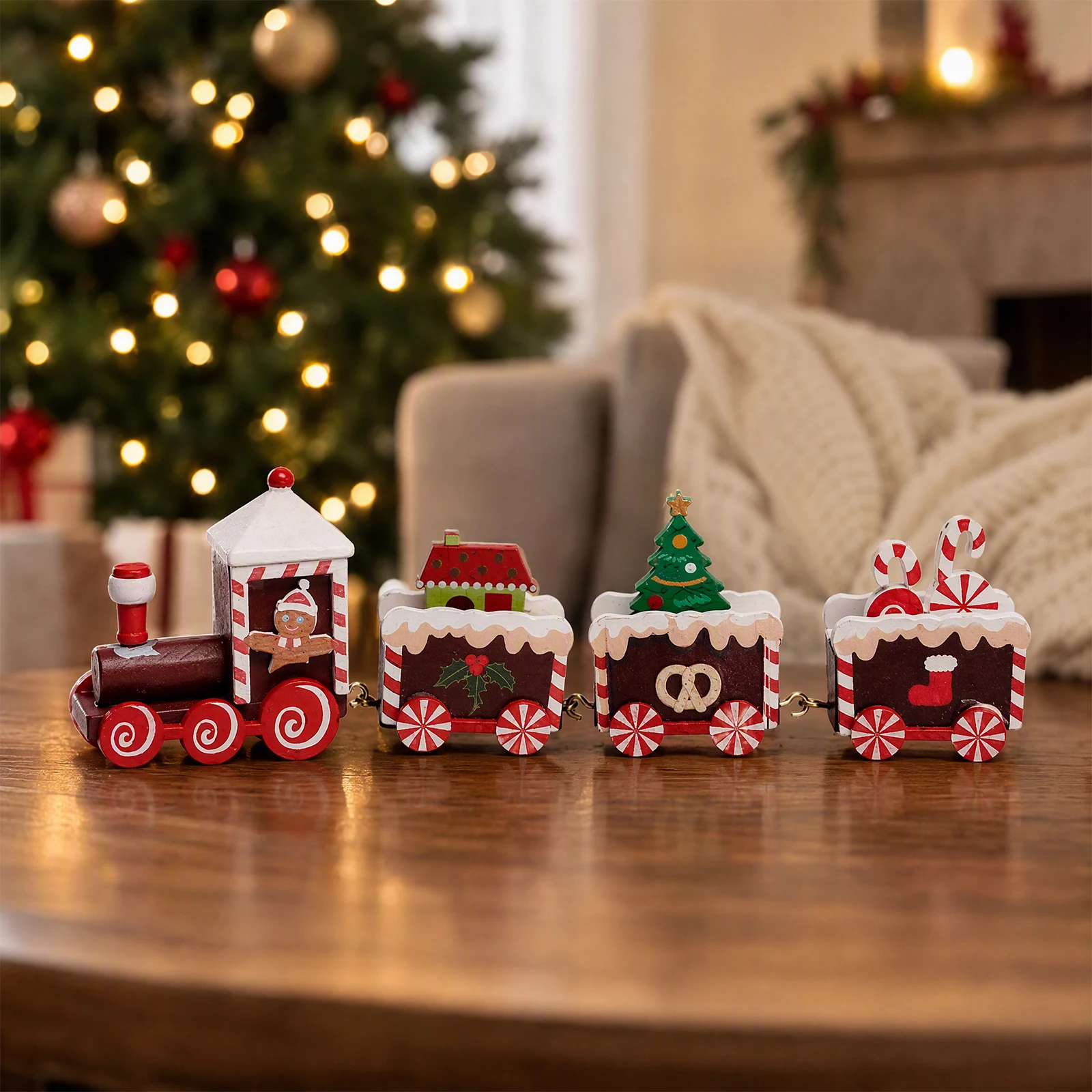 Christmas Train Wooden Figurine 4-Car Desktop Holiday Ornament Festive Table Decor DIY Set