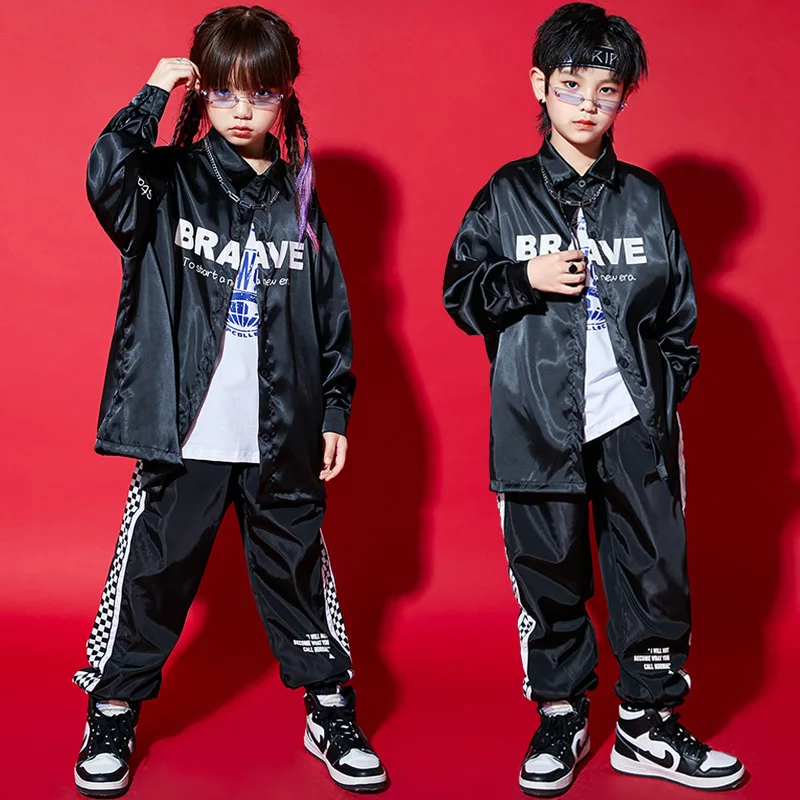 Kid Hip Hop Clothing Black Letter Print Shirt Casual Checkered Jogger Pants for Girl Boy Jazz Dance Costume Clothes Set Outfits