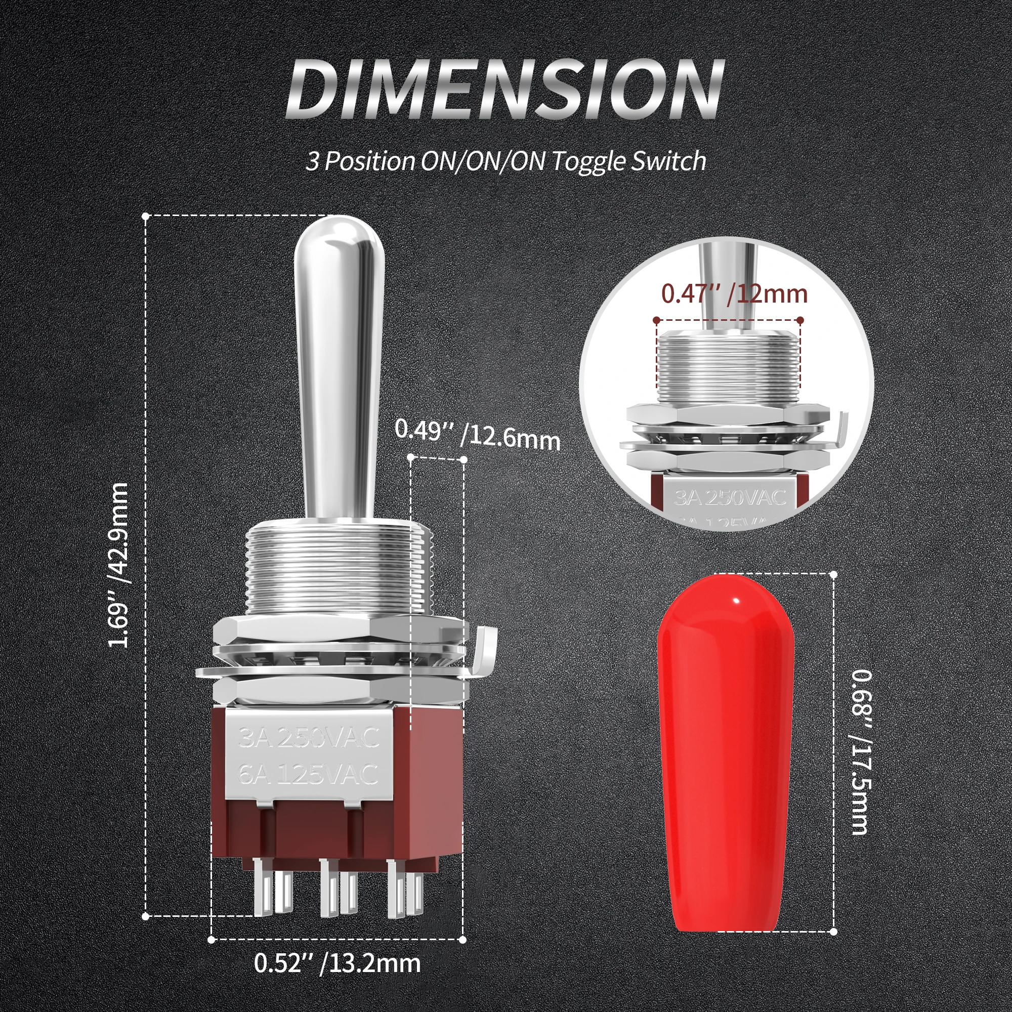 DaierTek 3 Way Toggle Switch Guitar ON/ON/ON 6 Pin 3 Position Guitar Pickup Slector Toggle Switch DPDT with Red and Black Tips