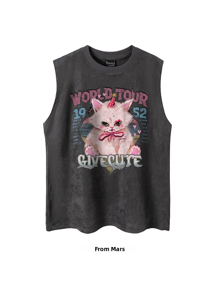 

Розовый американский стильный жилет с принтом, свободного кроя, из замши, для пар, в стиле бойфренд, лето 2024, мужская этническая одежда