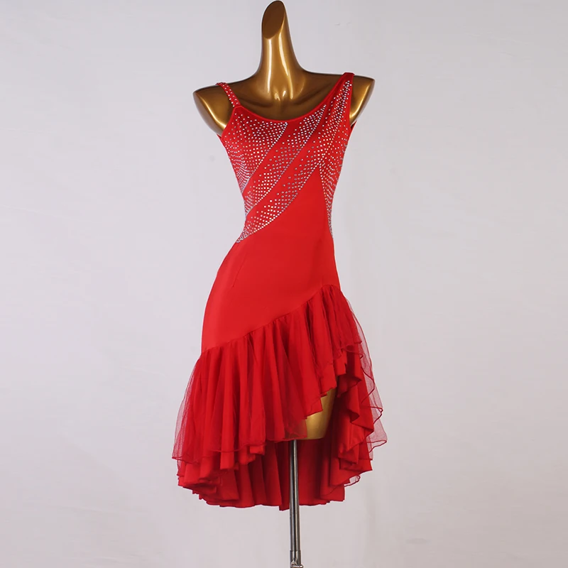 

Red Suspender Latin Dance Dress For Performance And Competition Double Layer Large Swing Rumba Cha Cha New Product