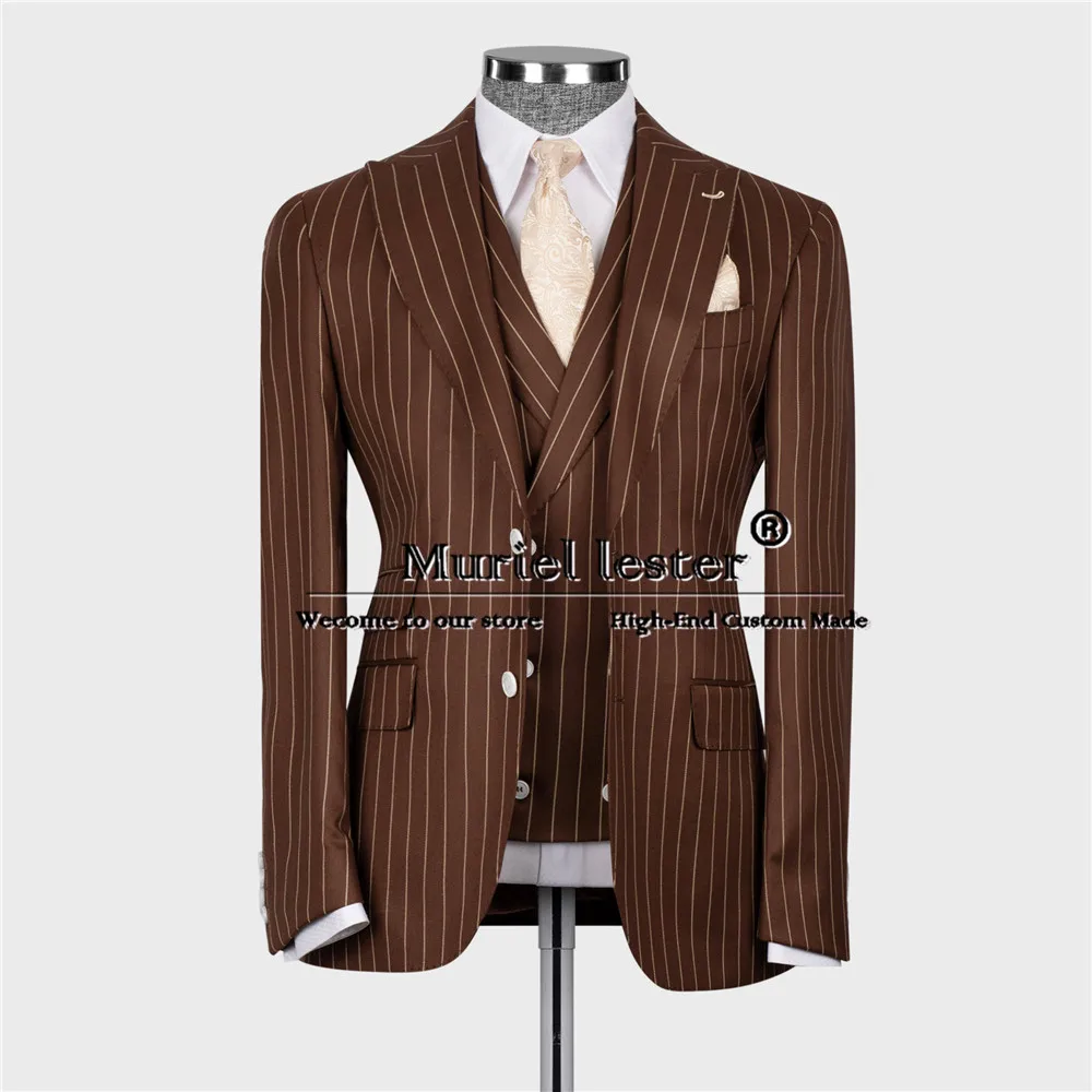 

Elegant Men's Striped Business Suits Tailored Made Black Jacket Vest Pants 3 Pieces Formal Dinner Wedding Party Groom Tuxedo