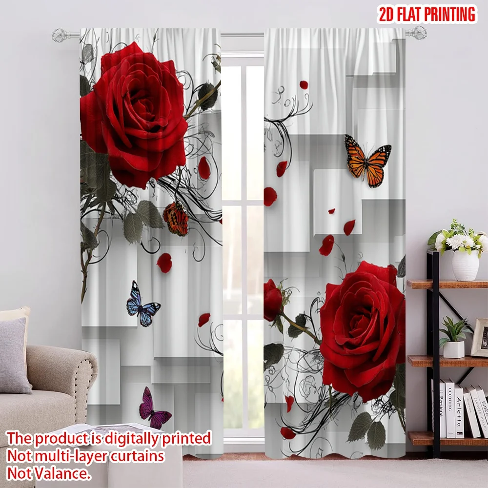 2pcs 2D flat printing Window Curtains Red Rose Butterfly Cubes Digital Printed Polyester Drapes Holiday Decorations Use