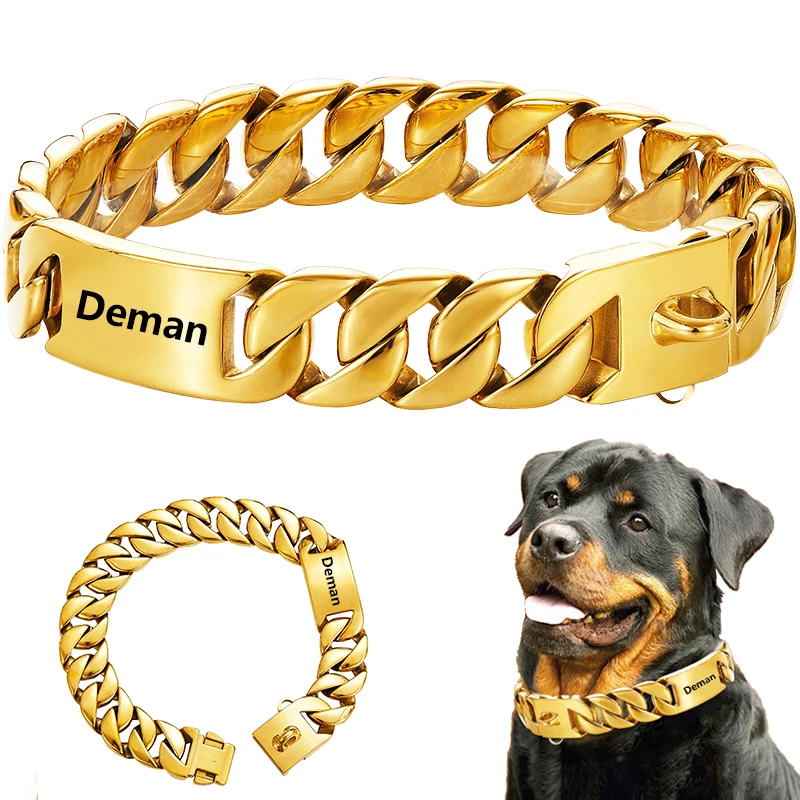 Personalized Dog Name 32mm Wide Gold Chain Collar Stainless Steel Chew Proof  Training Pet Chains Collars for Large Dogs