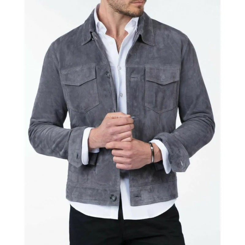 

Men's Gray Suede Leather Shirt Jacket Soft Leather Denim Style Vintage Jacket