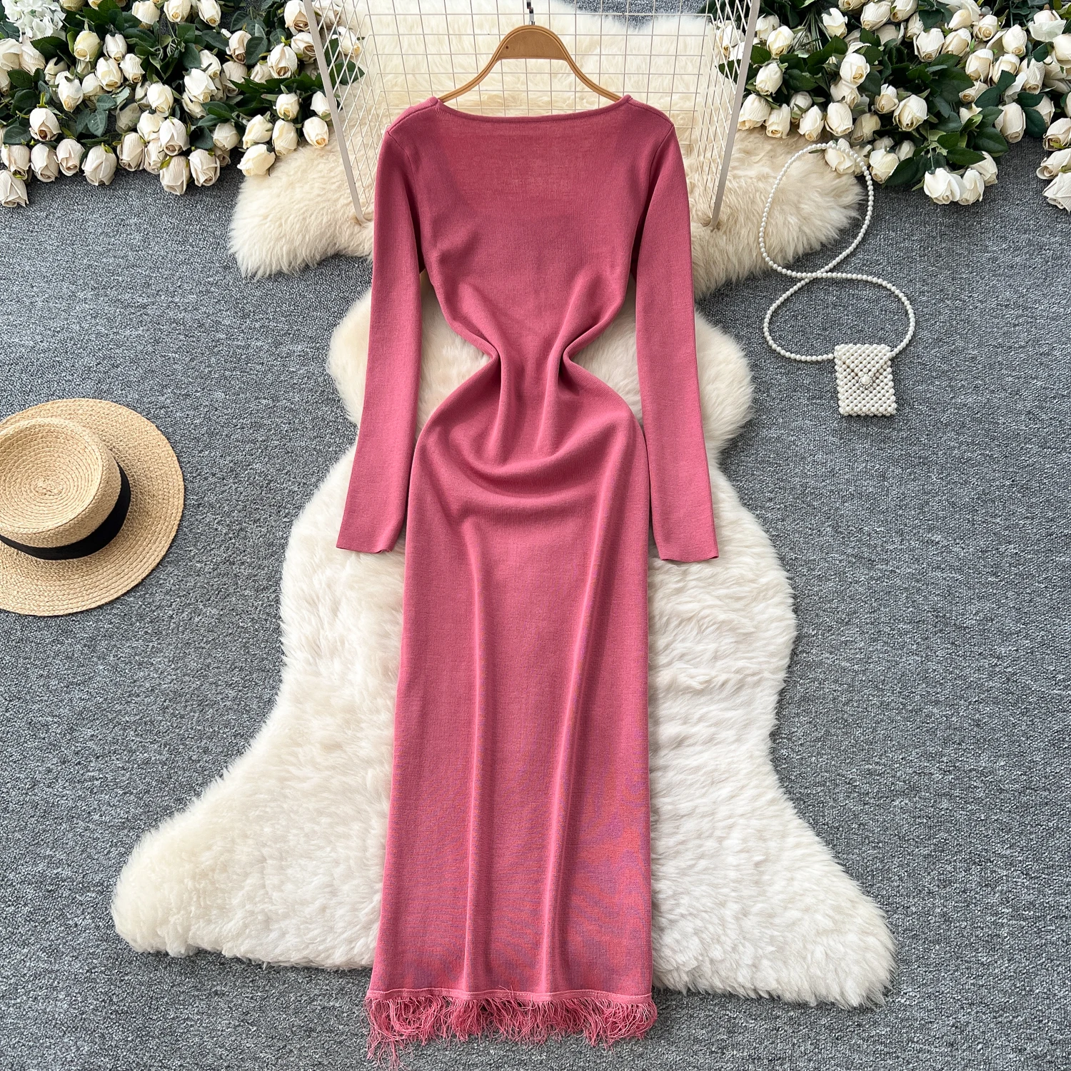 시크한 빈티지 태슬 장식 긴팔 니트 슬림핏 우아한 요정풍 한국 패션 보헤미안 선드레스 여성 의류 드레스
