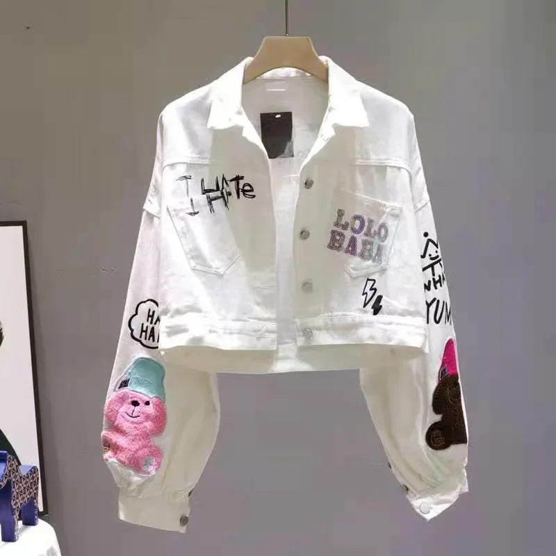 

White denim jacket women's early autumn 2024 new fashion cartoon letters printed loose casual long-sleeved tops. coat women