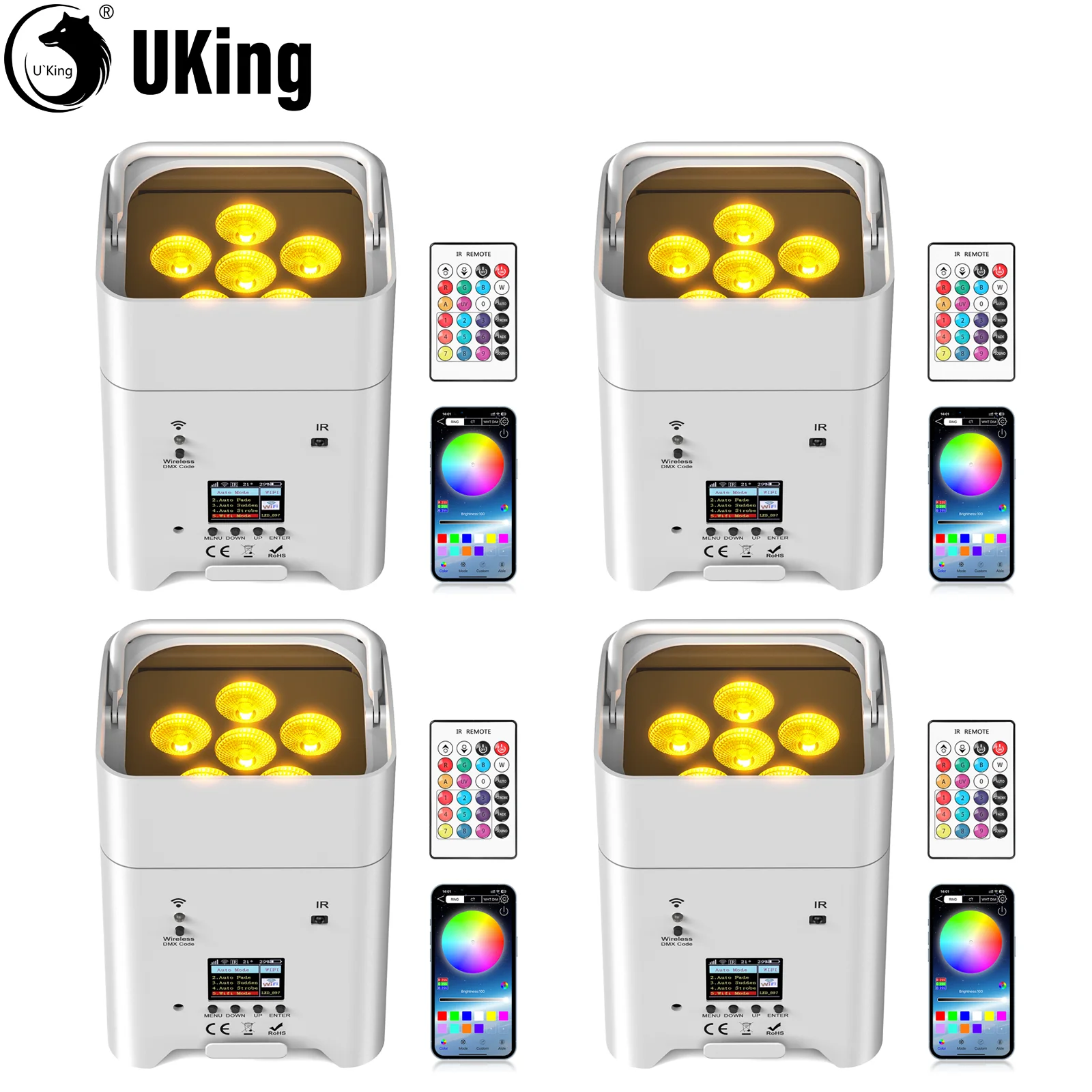 

U'King 4Pcs 80W White Rechargeable Par Lights With Charging Progress Bar 6X18W RGBWA+UV Stage Lights DMX512 For Party Show Bar