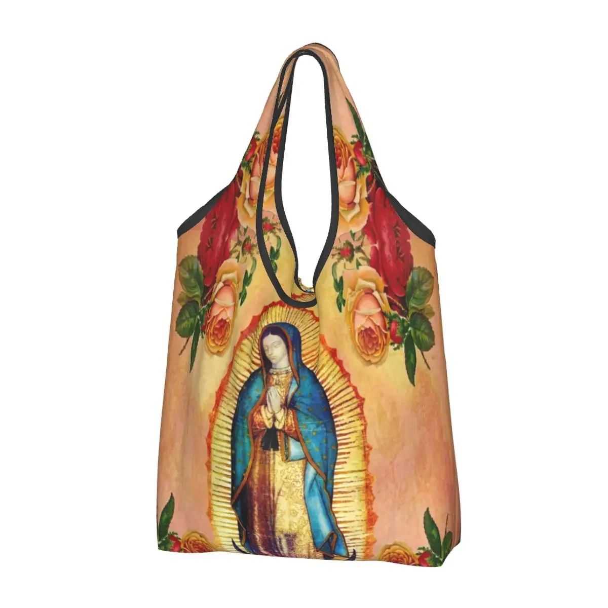 Our Lady Of Guadalupe Reusable Shopping Grocery Bags Foldable 50LB Weight Capacity Virgin Mary and Roses Eco Bag Eco-Friendly