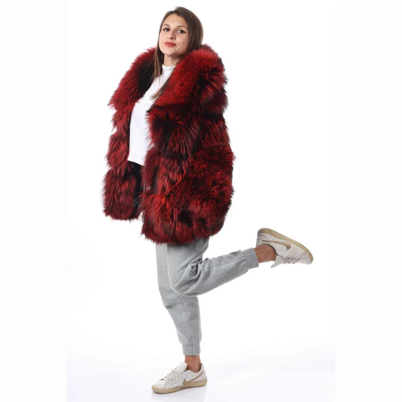 Genuine Dark Red Fox Fur Coat Women Fashion Luxury Outertwear Big Lapel Long Sleeve Warm Furry Natural Fox Fur Jacket Female