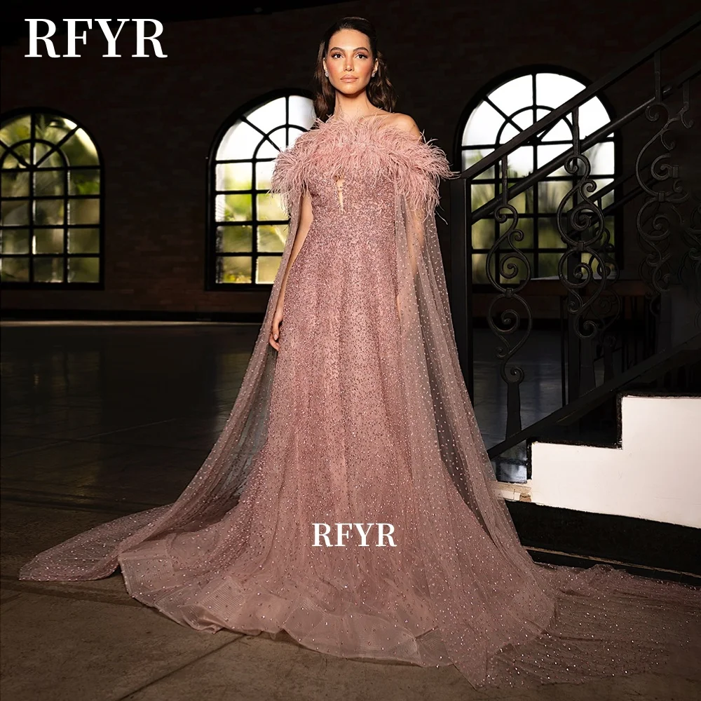

RFYR Off Shoulder Prom Dress with Feathers Evening Dress Cape Sleeve A Line Party Princess Dress فساتين مناسبة رسمية Customized