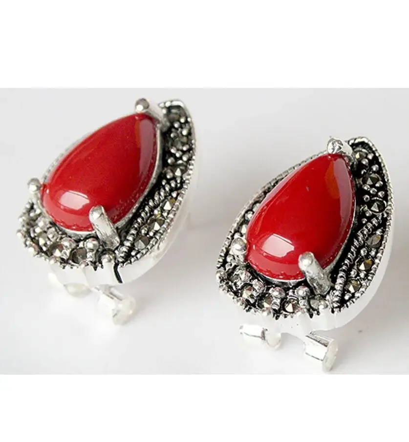 

VINTAGE 925 STERLING SILVER RED CORAL MARCASITE STUD EARRINGS 15X19MM