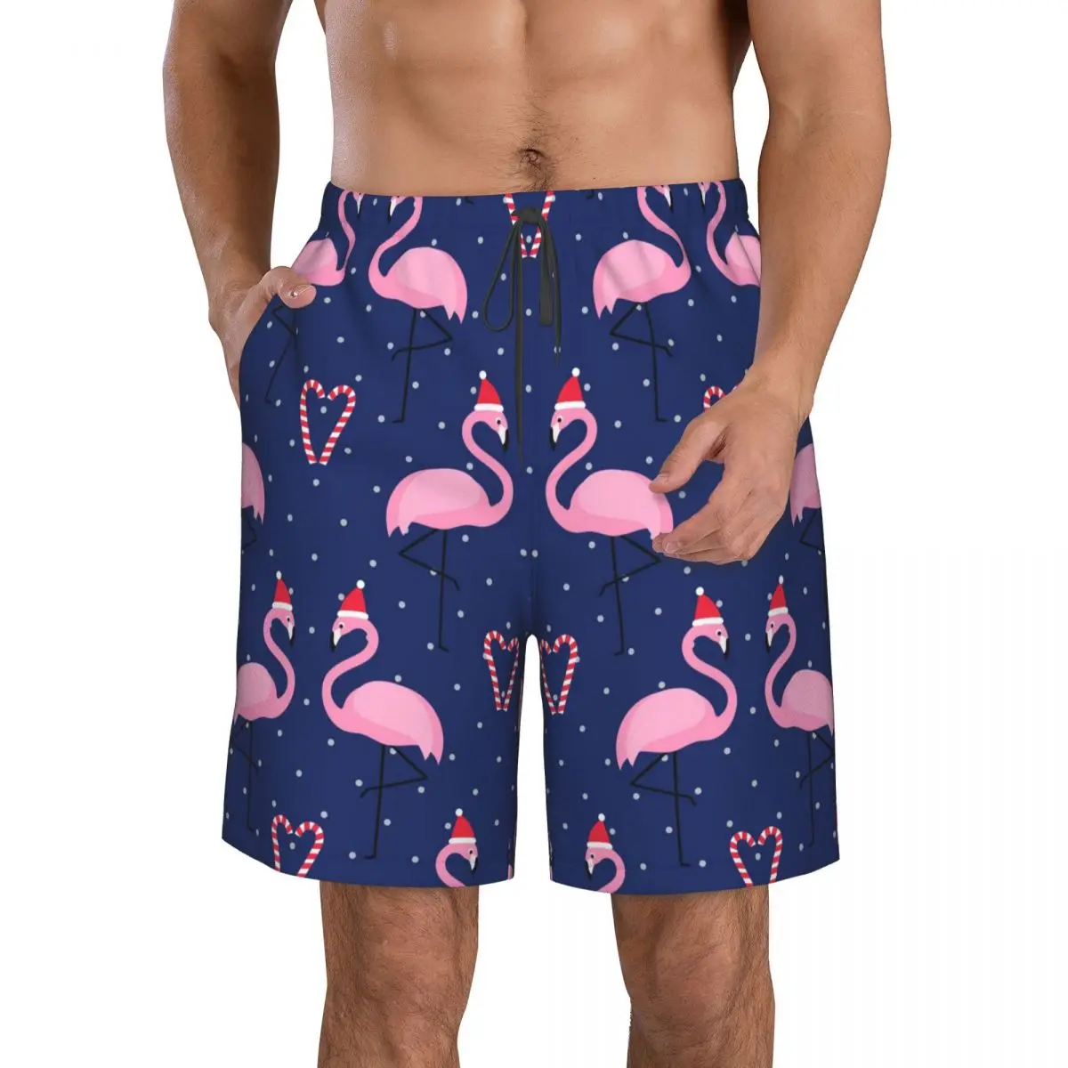 

Быстросохнущие шорты для плавания с фламинго в рождественской шапке с сердечком из конфетной трости на синих горошек Купальники Мужской купальник Плавки
