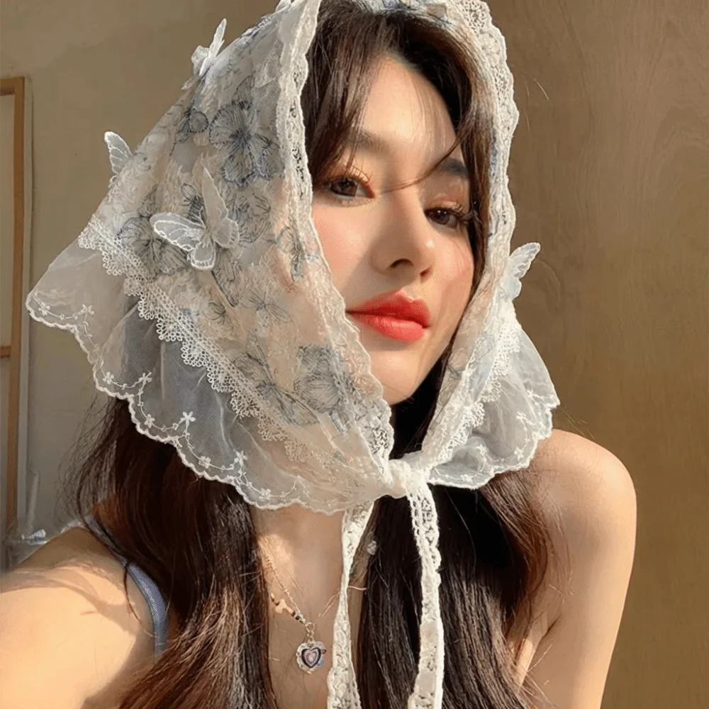 

Seersucker Triangle Headband French Pastoral Style Handmade Girl Butterfly Lace Headscarf Sweet Beach Vacation Hair Scarf