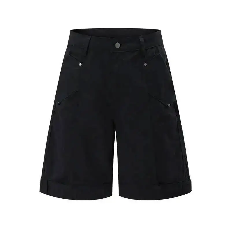Summer Trendy Men's Shorts American Style High Street Rivet Fashion Design Straight Wide Leg Black Knee Length Pants 9XXH42