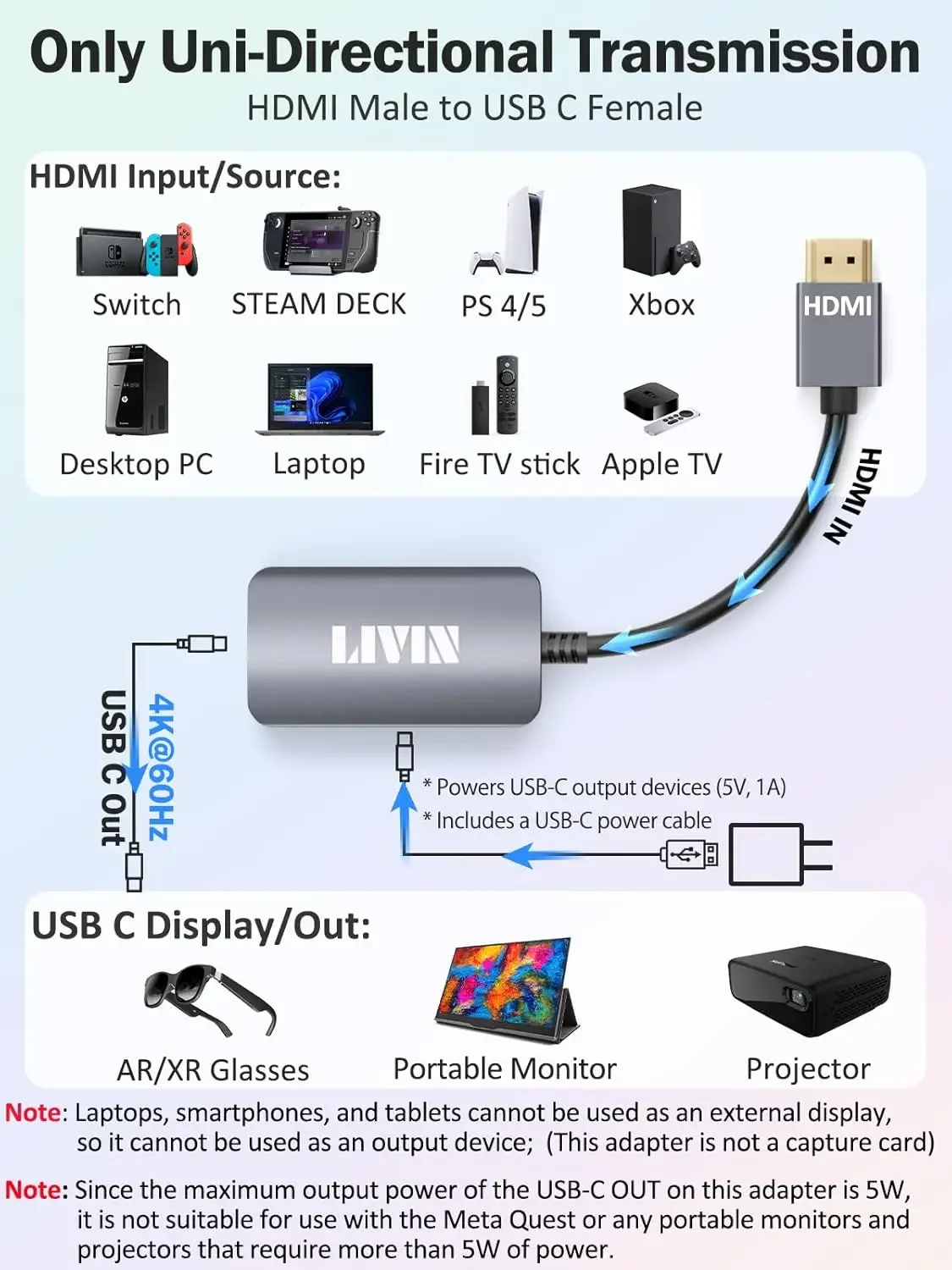 شاشة محمولة محول LIVIN HDMI إلى USB C، نظارات AR XREAL/VITURE/RayNeo/Rokid، 【4K@60 هرتز+PD Port】