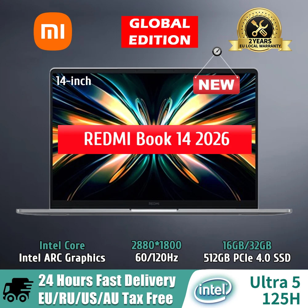 NEW 2026 Xiaomi Notebook REDMI Book 14 Laptop Ultra5-125H/16G/512 Intel Arc Graphics 14 "2.8K Screen PC MI Laptop