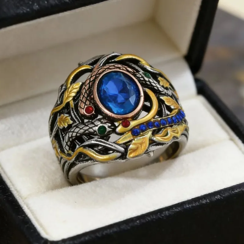 Creative multi-snake entwining exaggerated retro ring for women, dark style personalized ring for men