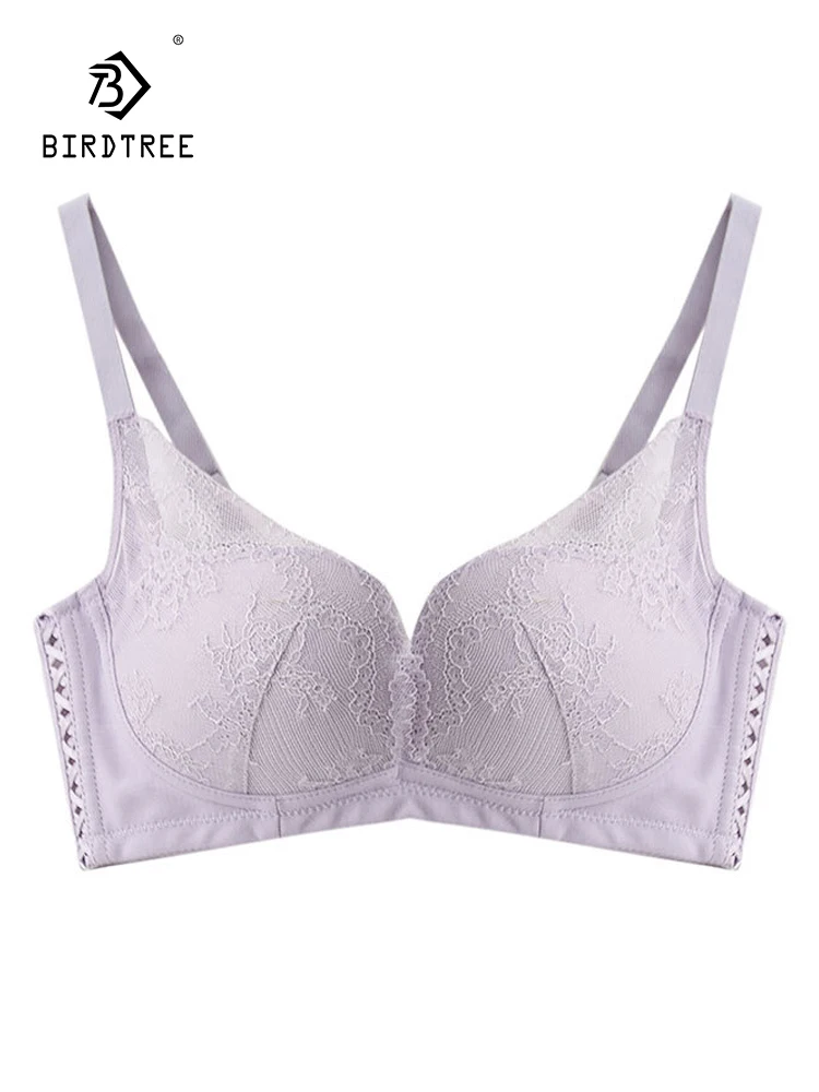 

BirdTree, Lining 100%Real Silk Gather Bra, Women Large Chest Solid Wire Free Lace, Sexy Thin Underwear, 2024 Summer P44687QC