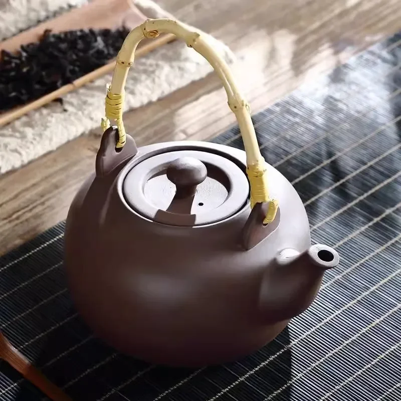 Purple Clay Teapot Bamboo Handle Kettle Single Pot Health Kung Fu Tea Set Stove Safe Brewing Water Boiling Vessel