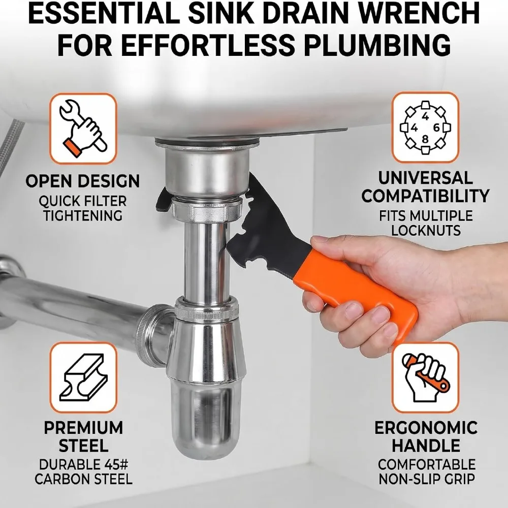 Open Sink Drain Wrench 45# Steel Heavy Duty Lock Nut Wrench Universal Fit 3-5/8 in Hex Drains Drain Nut Spanner Strainer Install